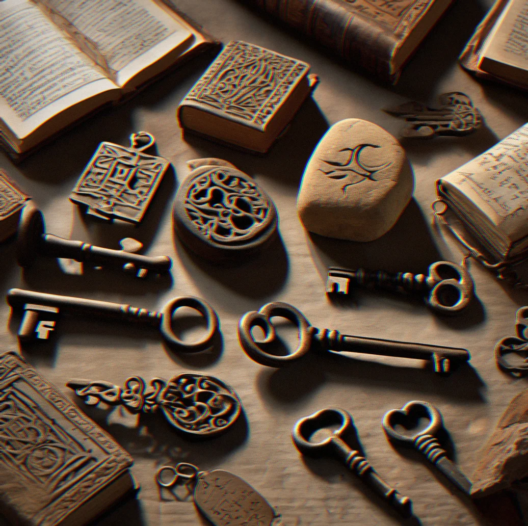 Brass keys lined up smallest to largest on burlap, each one throwing a shadow. One's darker than the rest, oxidized