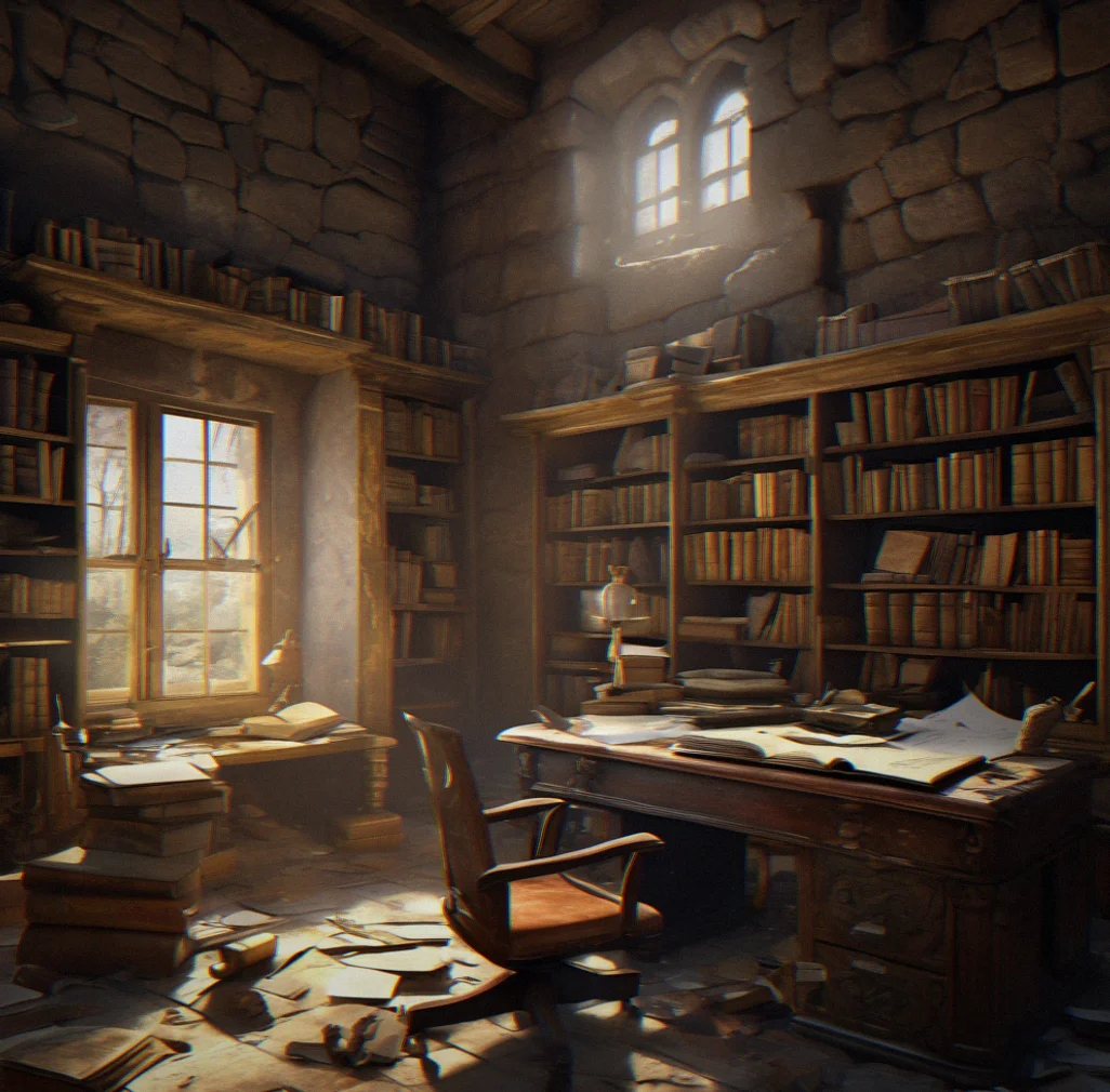 An abandoned study with tall bookshelves lining the walls, a desk cluttered with scattered papers and an inkwell, a single chair turned away from the desk, and dust particles visible in the shaft of light from a single window