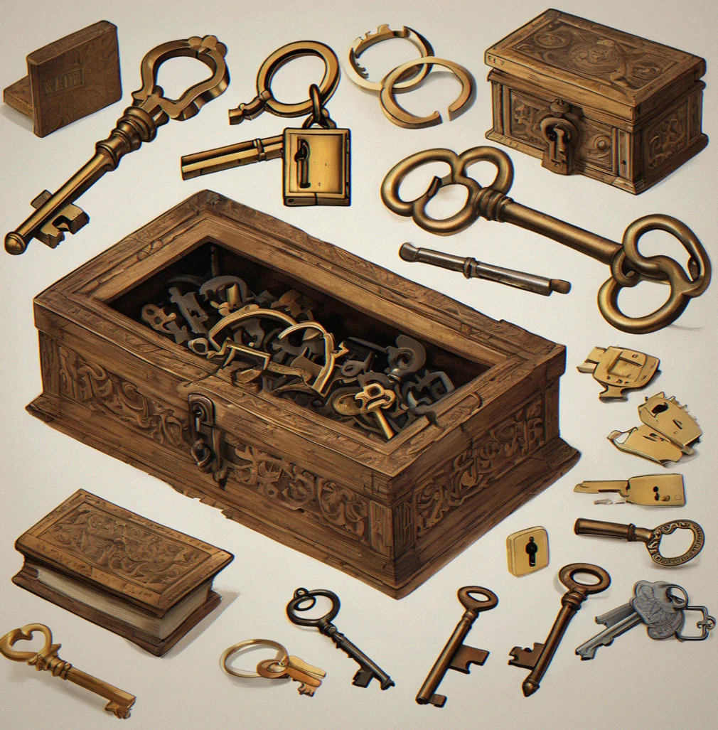 A locked wooden box with an ornate brass lock mechanism partially disassembled, surrounded by various keys of different sizes and ages, one key glowing faintly under nearby candlelight