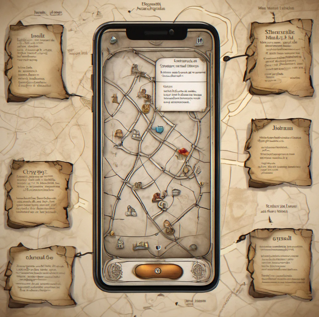 A mobile phone screen shownig a branching map interface with multiple pathways highlighted in different colors, one path greyed out and marked with a lock icon, revealing how player choices determine accessible routes