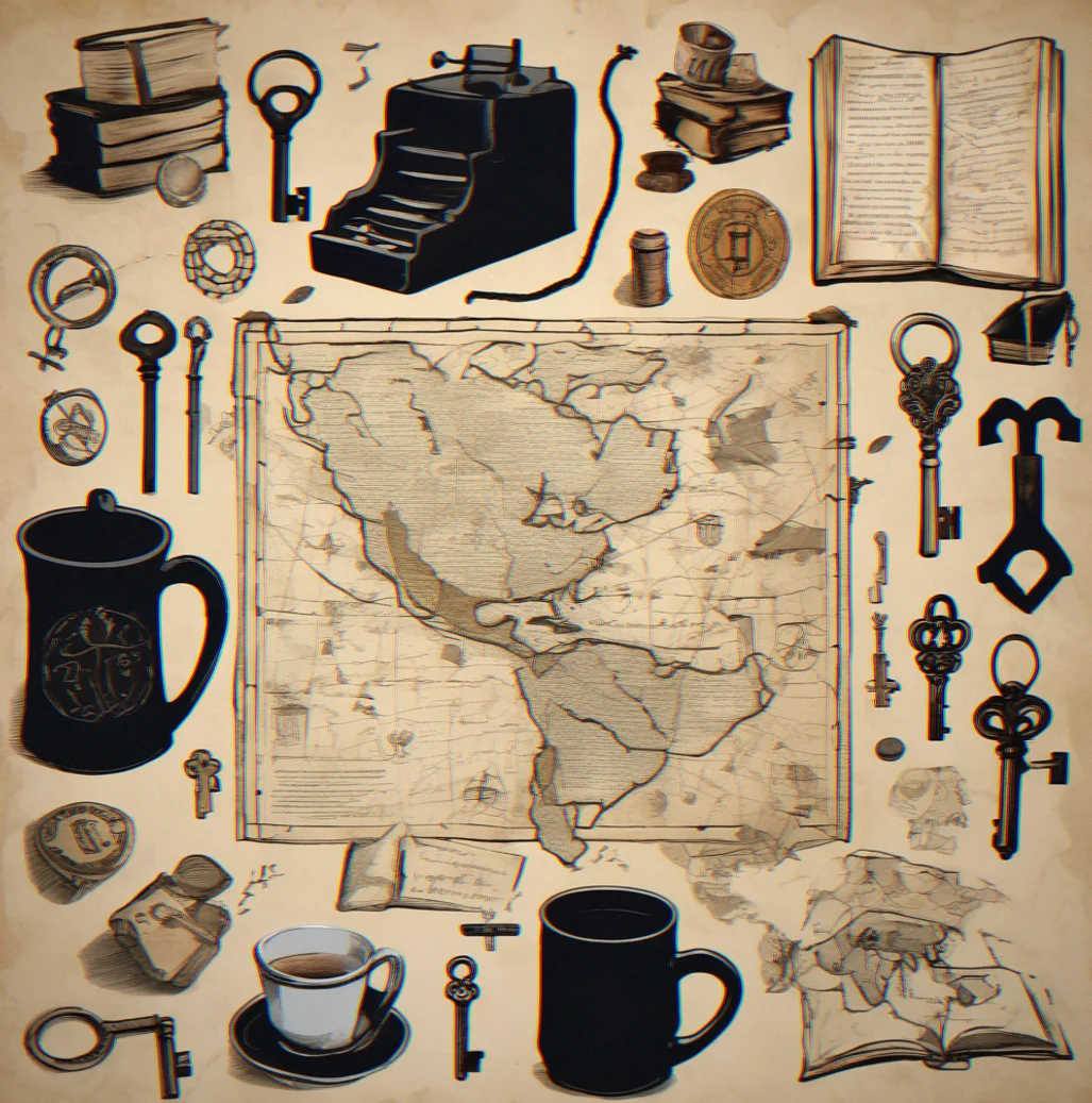 A dark room with stuff scattered around: a map with marks on it, a nearly empty coffee mug, an old photo propped against the wall, all lit from the side so everything casts long shadows