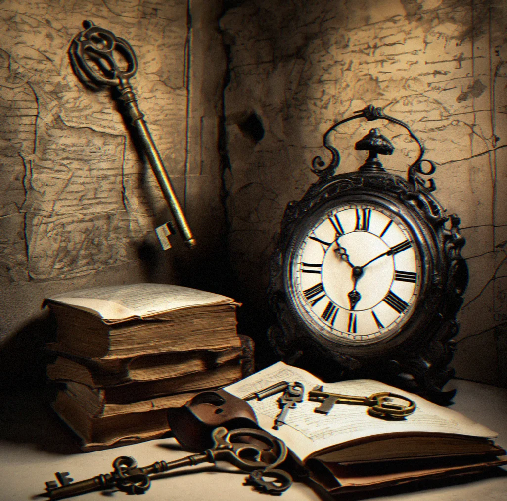 Dark corner with an old clock stopped at a certain time, torn calensar page missing, scratch marks on the wall