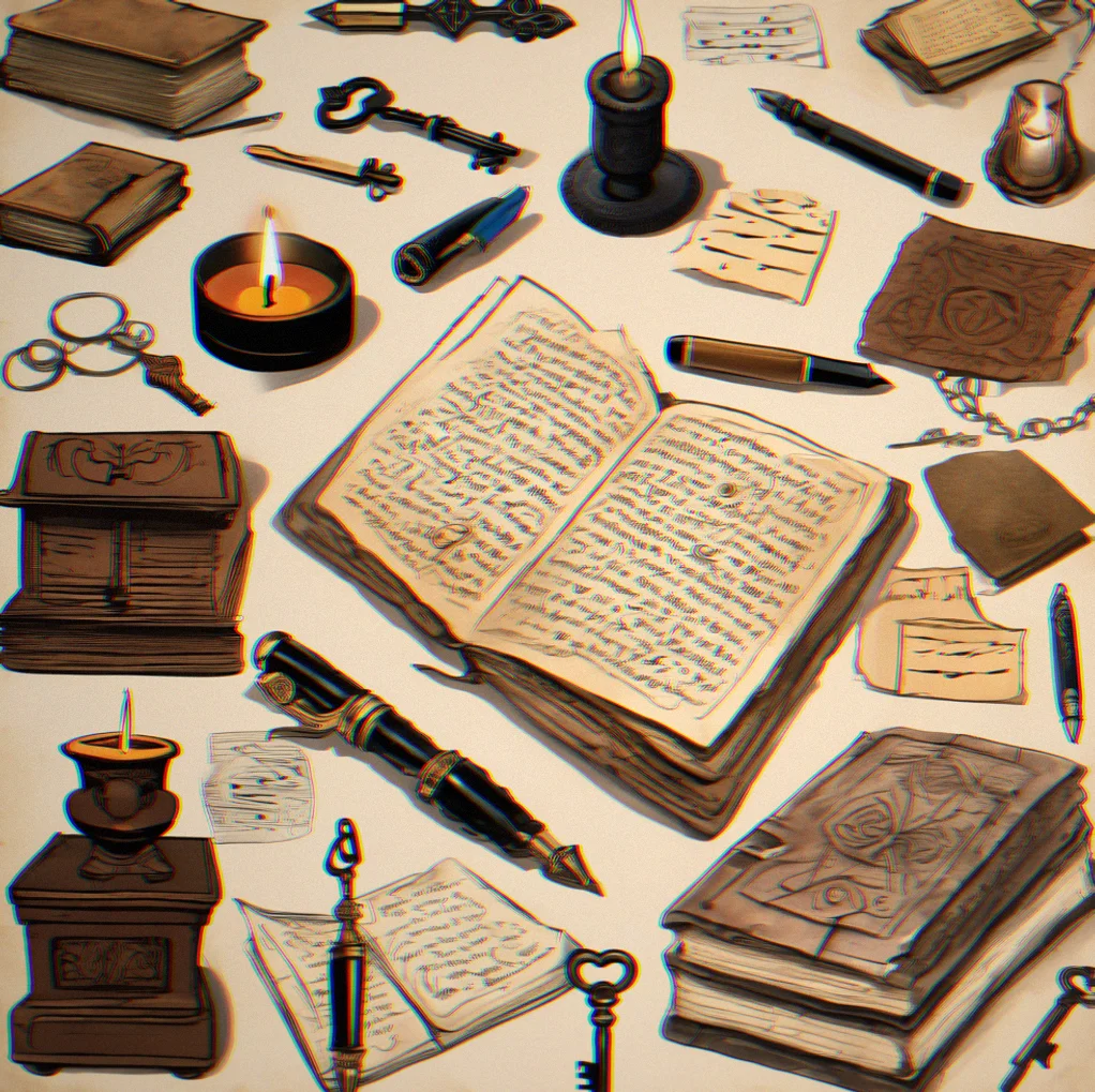 Wooden desk with an open journal, fountain pen on the page, half-burned candle throwing shadows across papers scattered around