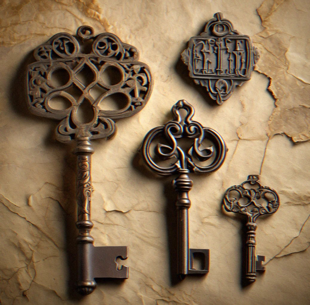 Three old metal keys laying on aged parchment, each one casting its own shadow under warm light