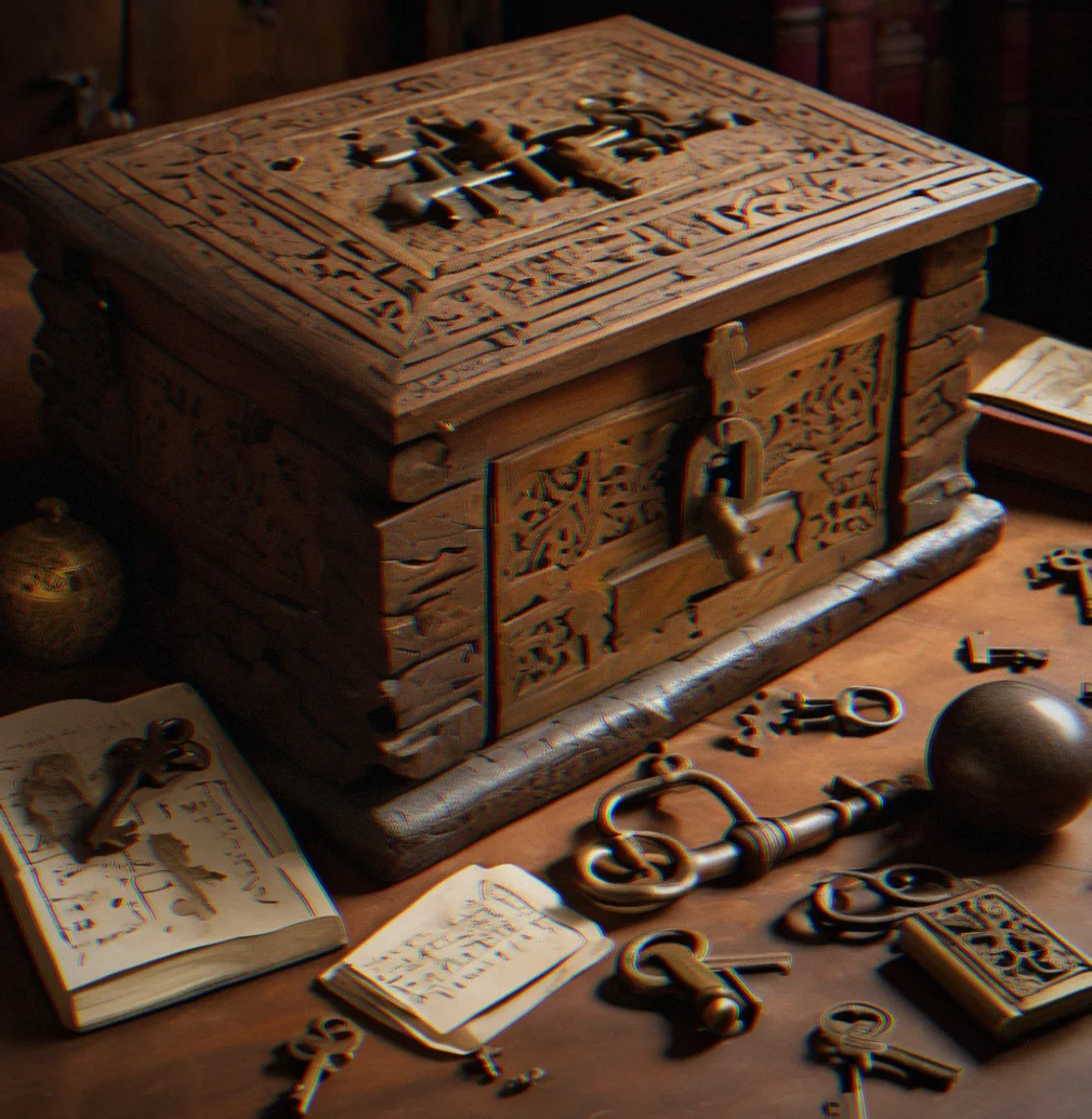Locked wooden box with brass hinges, keyhole hidden in the corner, puzzle pieces scattered nearby