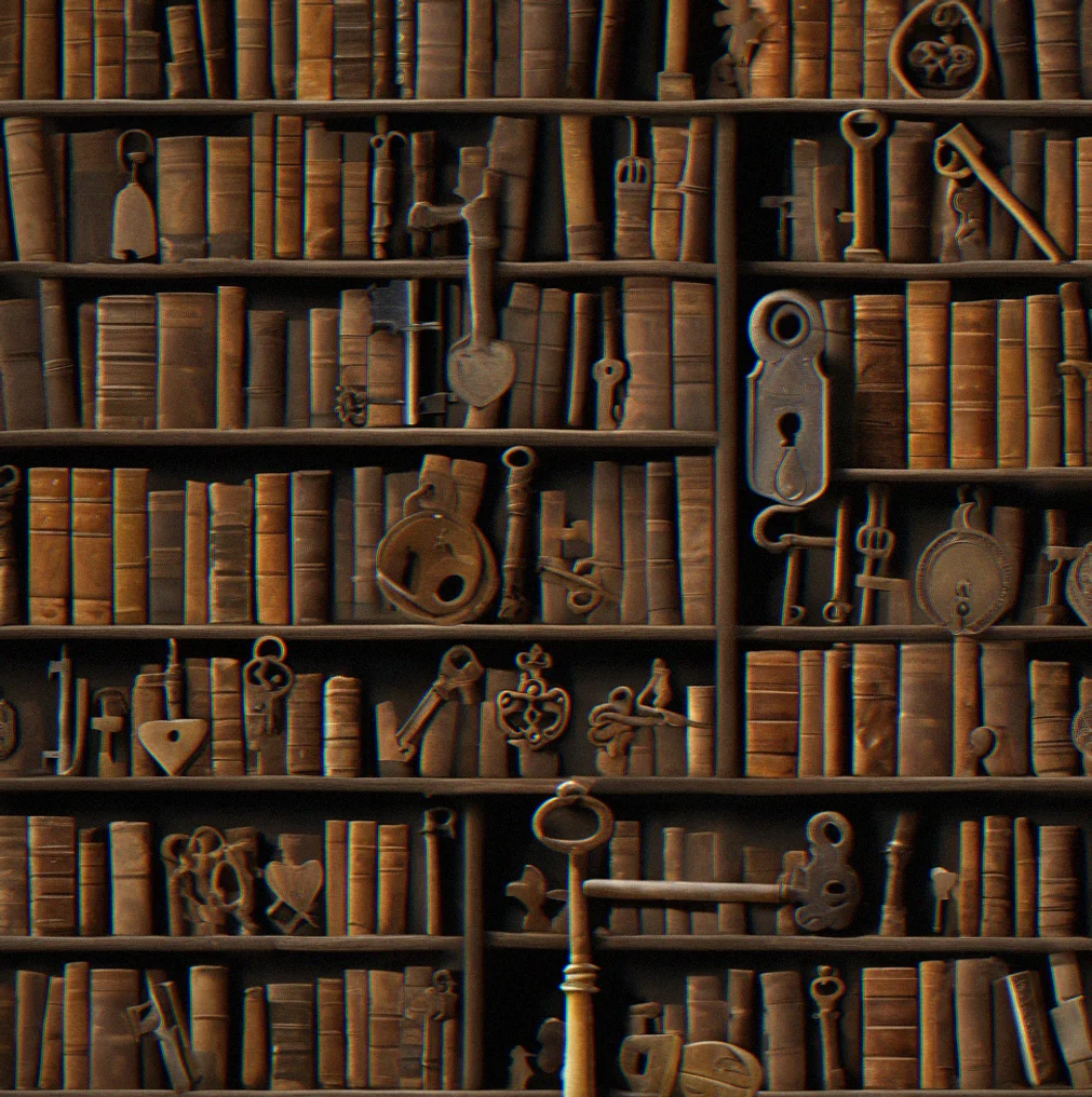 Bookshelves with leather books, their spines worn and faded, one pulled out and tilted forward