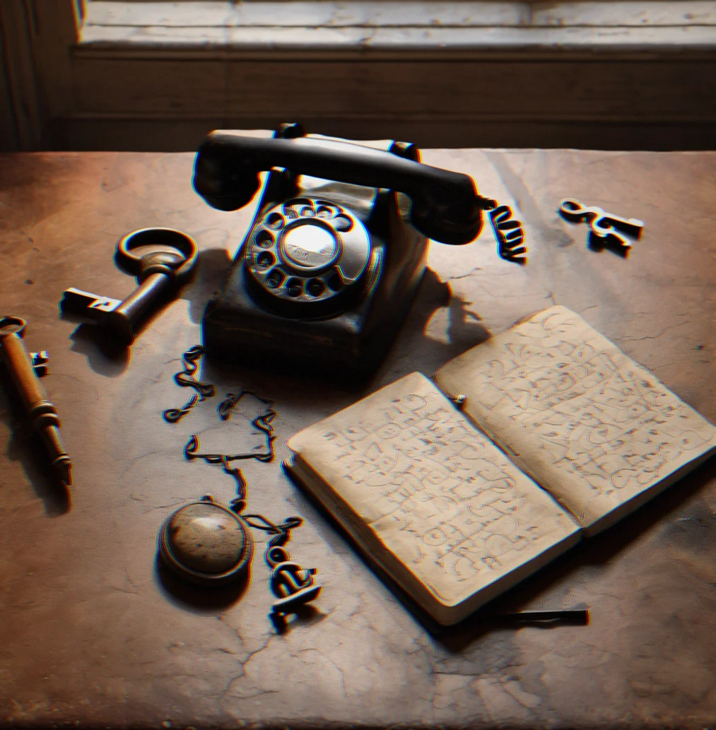 Old rotary phone on a side table next to a notepad with faded numbers and a question mark scribbled down