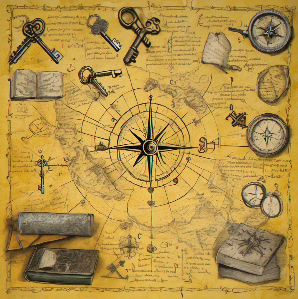 Handwritten map on yellow paper with symbols scattered across it, compass rose in the corner, one spot circled over and over